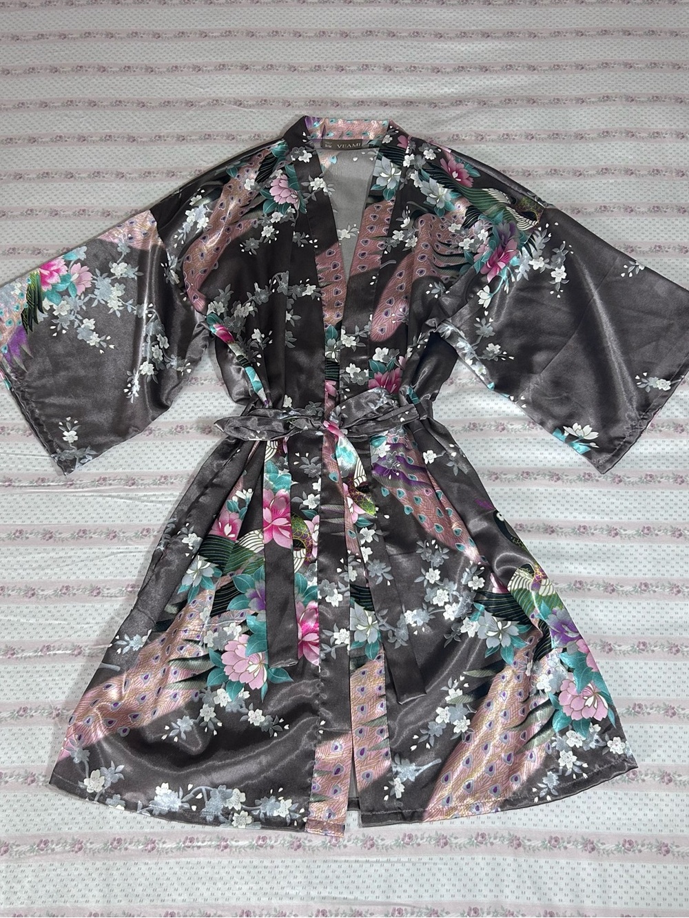 Ami Charcoal Grey Floral & Peacock Satin Kimono Robe